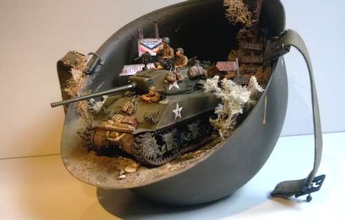 Diorama inside a military helmet