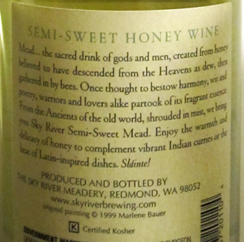 Back label of Sky River Mead