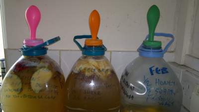 Balloons on top of three batches of mead