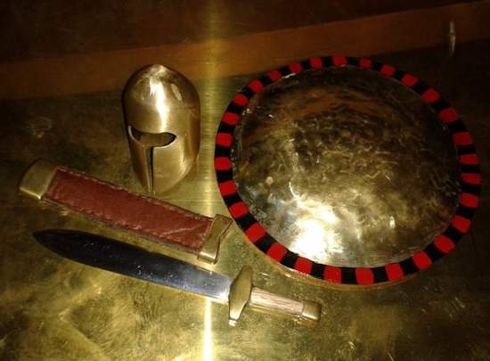 The miniature sword, sheath, helmet and shield