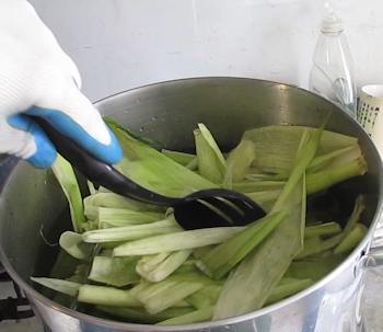 Add corn husks to water